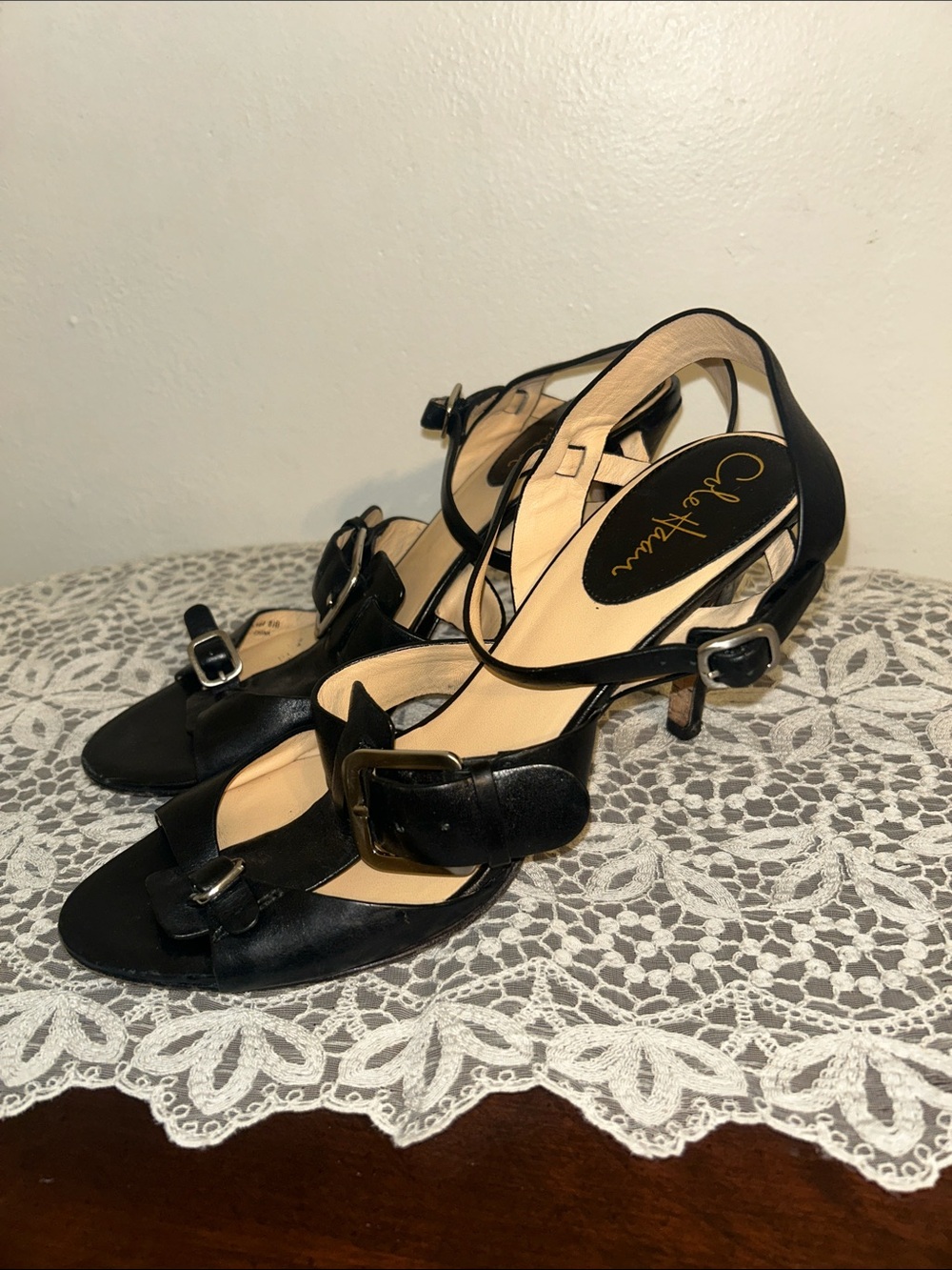 Cole Haan Black Leather Buckle Heeled Sandals Size 8.5 B